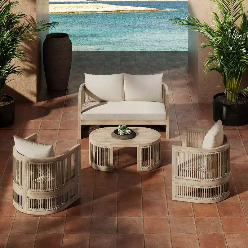 Christopher Knight Home Bonita Outdoor 4 Piece Rope Weave Acacia Wood Seating Set with Cushions