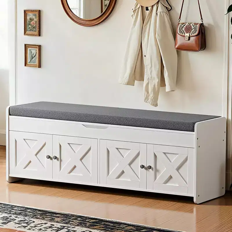 Shoe Storage Bench, 47.2 In Long Entryway Bench with Cushioned Seat Lift Top Storage, 4 Doors, 300 lbs Capacity, Bench with Shoe Rack for Entryway