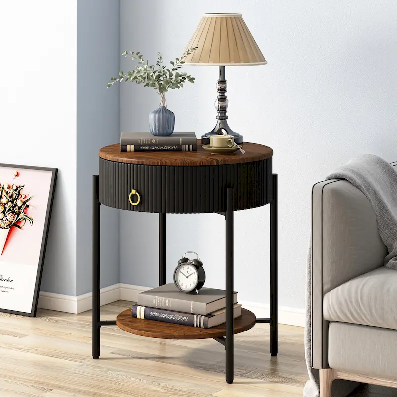 Round End Table with Storage Drawer, Metal Legs, Modern Nightstand for Bedroom & Living Room