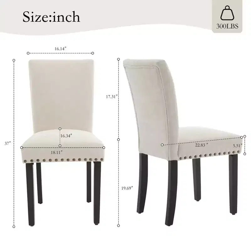 Fabric Upholstered Dining Chairs Set of 2, Modern Parsons Kitchen Chairs with Nailhead Trim and Wood Legs, Padded Accent Chairs