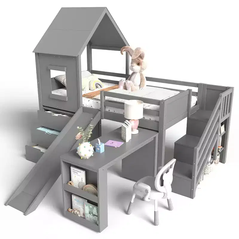 Wood Twin Loft Bed with Slide, Removable Desk & Storage Stairs