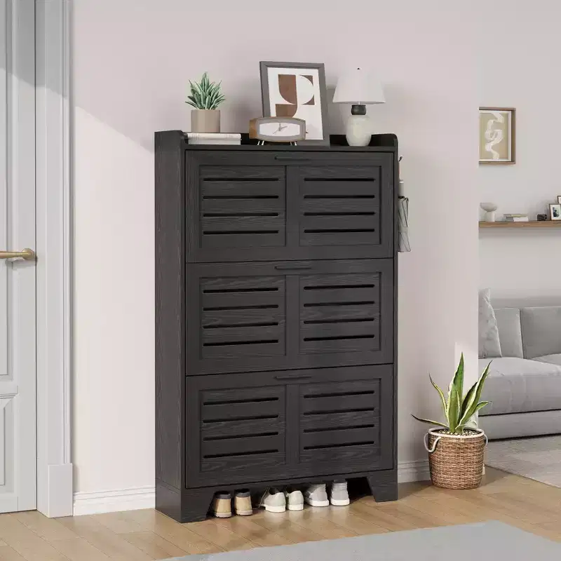 Acekool Slim 3 Flip Drawer Shoe Cabinet with Hooks 13.8 Hidden Shoe Rack for Entryway