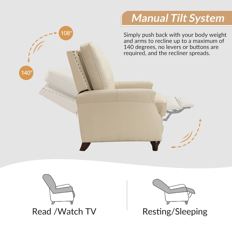Cigar Mid-century Modern Genuine Leather Recliner with Nailhead Trim Set of 2 by HULALA HOME
