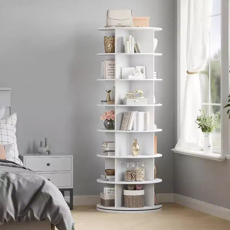 7-Tier Rotating Shoe Rack Tower, 360 Revolving Shoes Organizer with 28-32 Pairs Storage, White Free-Standing Spinning Shoe Display Carousel