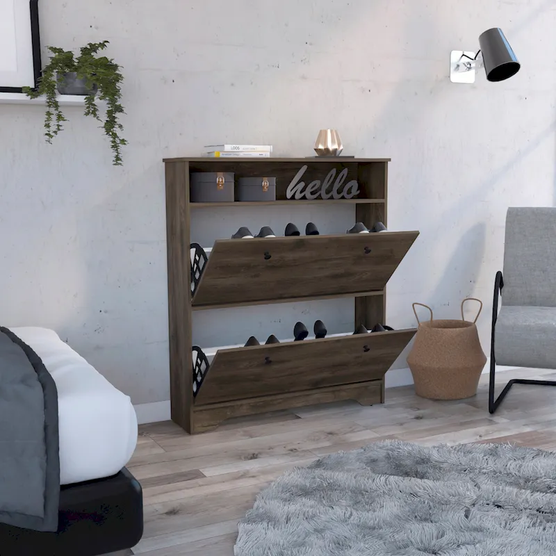 Shoe Rack with Open Shelf and Two Drawers - Dark Brown