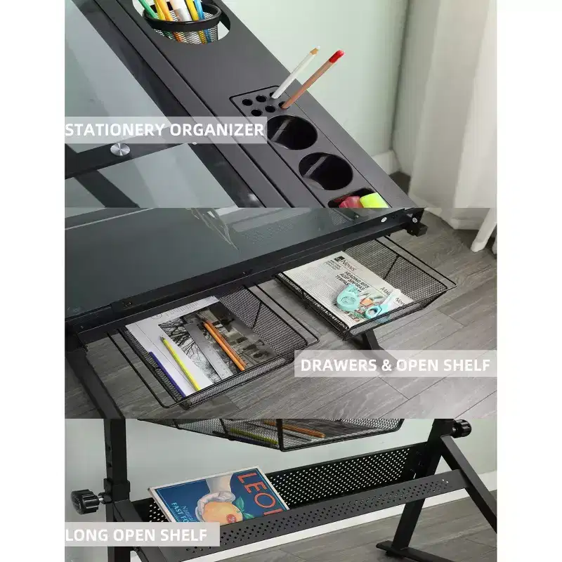 Professional Adjustable Height Art Desk Folding Drawing Table with Tiltable Surface Storage Drawers for Painting Drafting Crafting Sewing