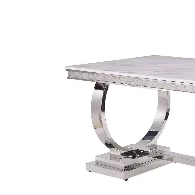 Faux Marble Top Rectangular Dining Table with Silver Pedestal Base, Seats 6, White