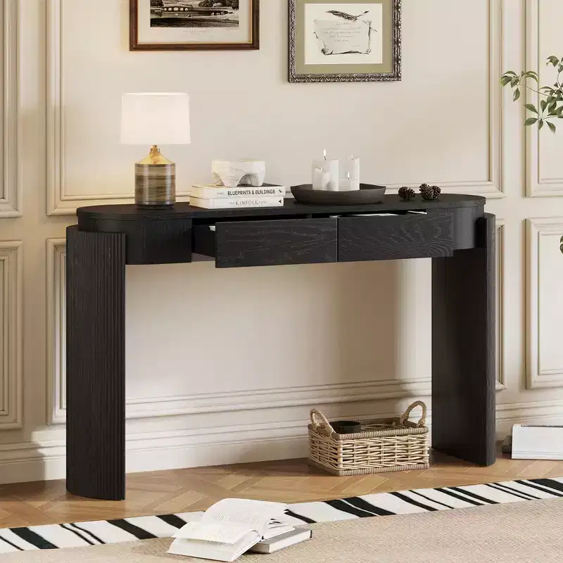 Oval-Top Console Table with Fluted Curved Legs & Dual Hidden Drawers
