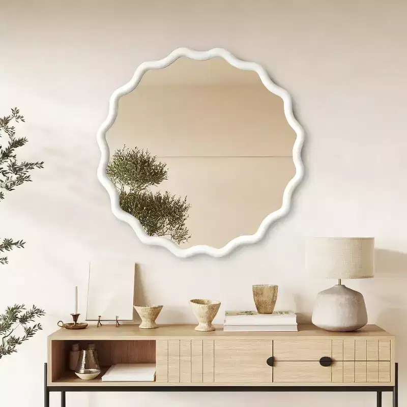 White 36 inch Wavy Round Solid Wood Frame Decorative Mirror,For Bedroom, Bathroom, Living Room, Entryway