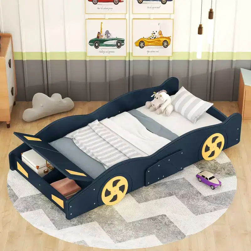 Full Size Race Car-Shaped Platform Bed with Wheels and Storage for Kids, Dark Blue