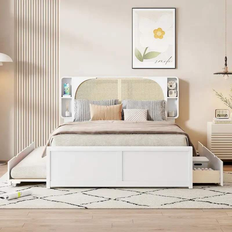 Queen Platform Bed – White, Rattan Headboard, 2 Drawers & Trundle, 4 Headboard Compartments, Sleeps 1