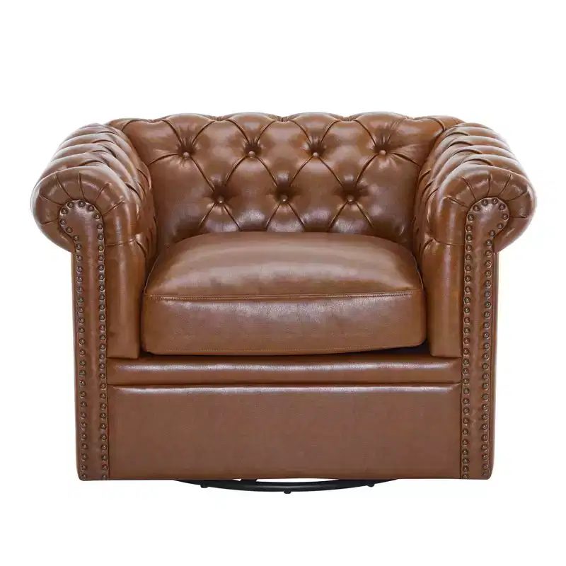 Button Tufted Swivel Club Chair with Roll Arms, Dark Green Faux Leather, 400 lb