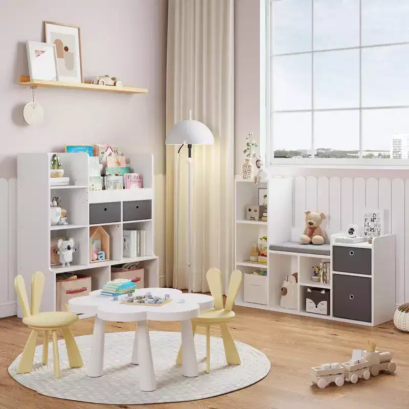 44.1 Kids Bookshelf with Reading Nook - 6-Cubby Toy Organizer & 2-Drawer Bench for Playroom & Nursery - White