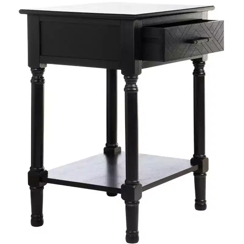 1-Drawer Accent Side Table with Herringbone Detail & Open Shelf, Distressed White