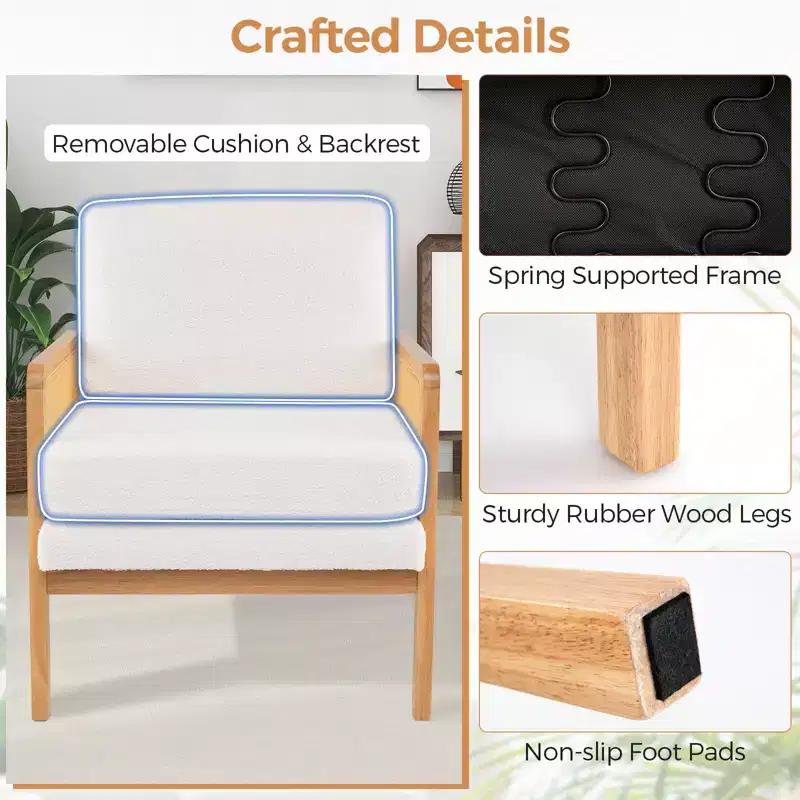 Costway Mid Century Modern Accent Chair Living Room Armchair with Rattan Arms Wooden Frame Brown/Natural