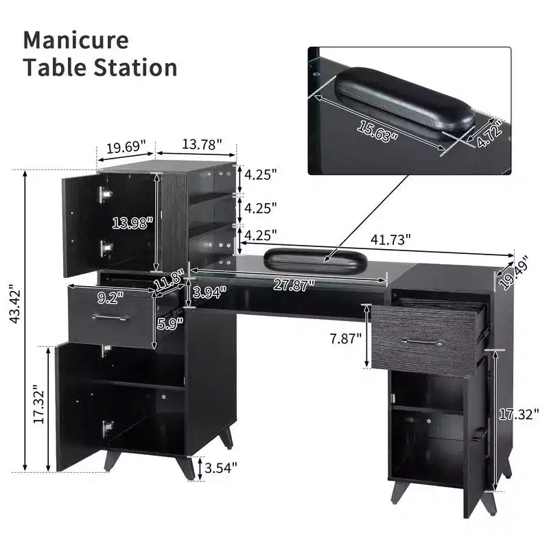 Karlhome Black 55inchL*19inchW*44inchH Manicure Table Modern Salon Nail Desk with Glass Top Wrist Cushion