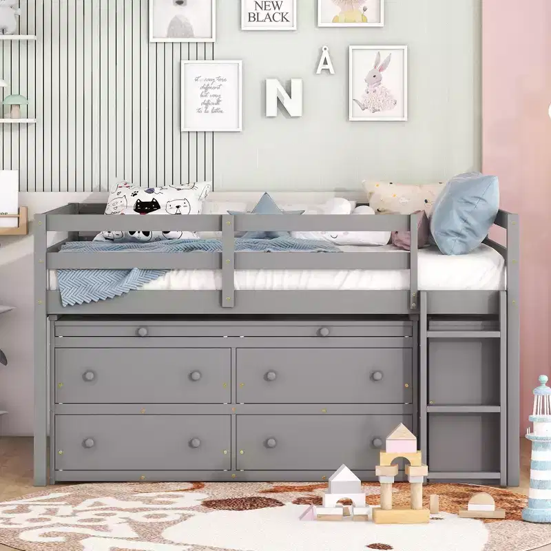 Whisen 76L x 41.8W Twin Size Loft Bed with Retractable Writing Desk and 4 Drawers, Lateral Portable Desk and Shelves