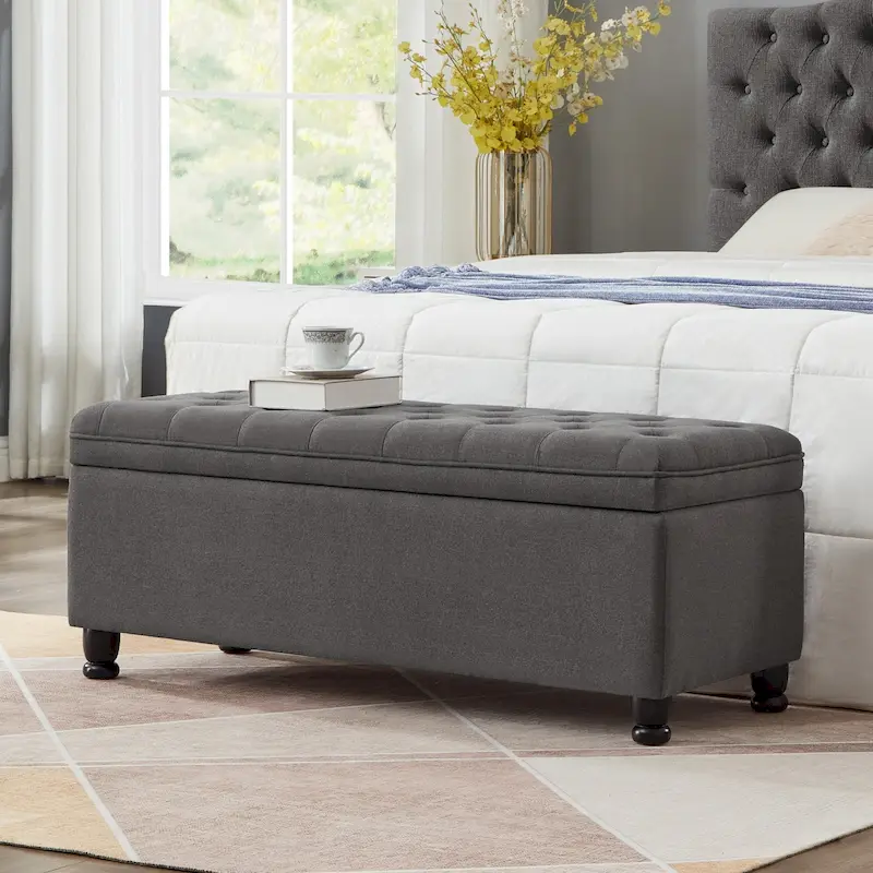 Linen Fabric Tufted Button Storage Bench with Spindle Wooden Legs