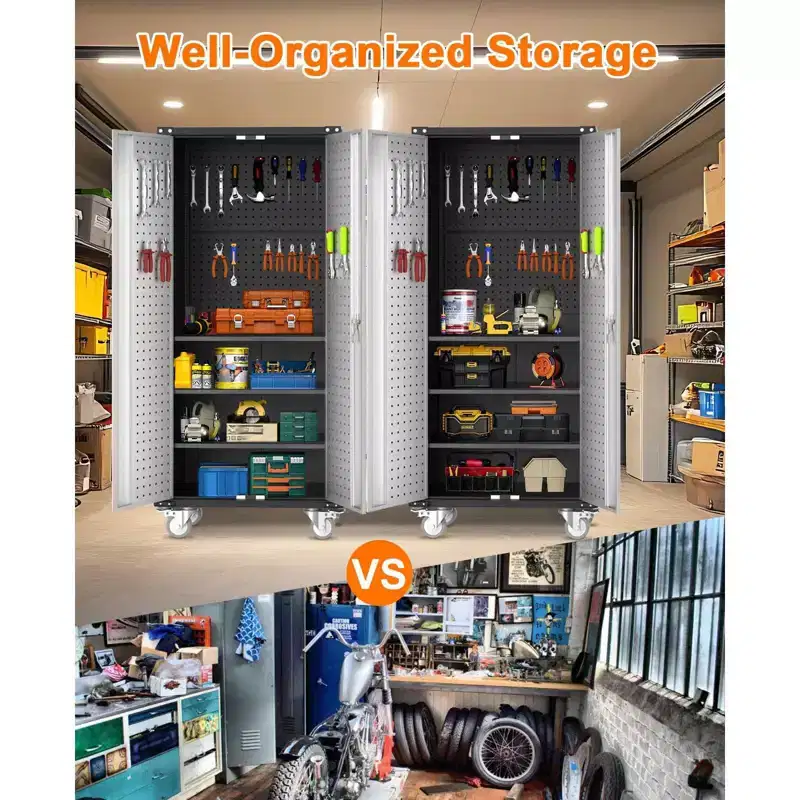 72 H Metal Storage Cabinet with Wheels, Garage Storage Cabinet with Adjustable Shelves and 2 Doors for Garage Home Office Utility Room