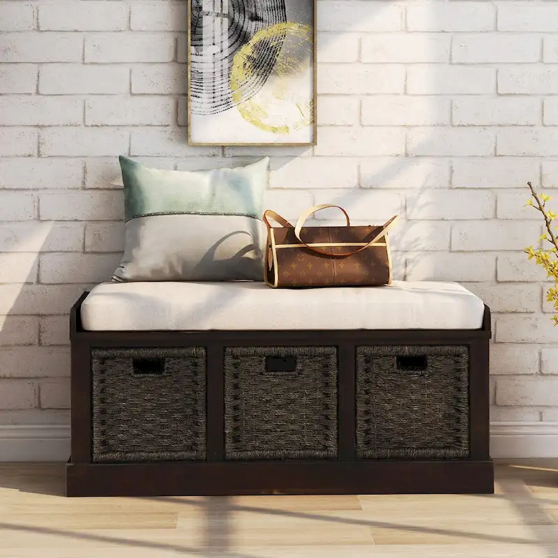 Entryway Bench with 3 Removable Rattan Baskets