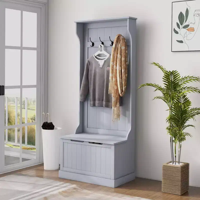 28 in Entryway Hall Tree with 4 Metal Hooks, Coat Tree with Shoe Storage and Top Door, Freestanding Coat Rack for Living Room, Entryway, Gray