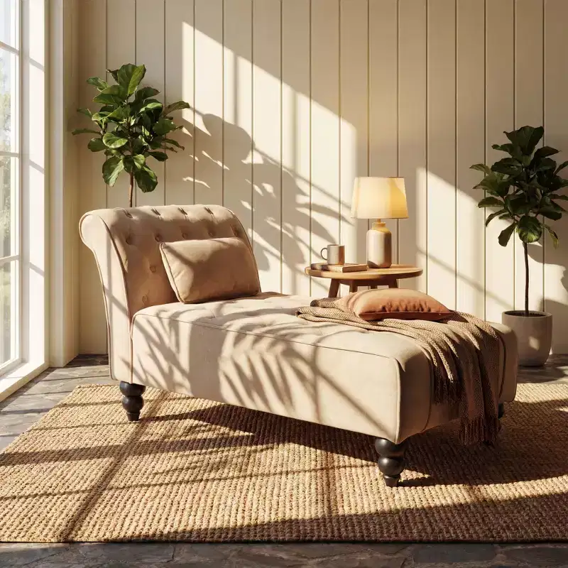 Modern Glam Button-Tufted Velvet Chaise Lounge with Removable Accent Pillow & Turned Wood Legs