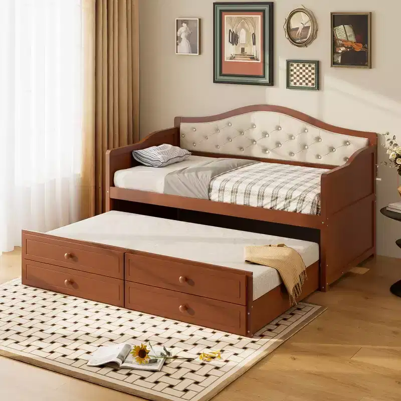 Twin Daybed with Trundle and 2 Storage Drawers, Wood Sofa Bed with Upholstered Tufted Backrest, Walnut