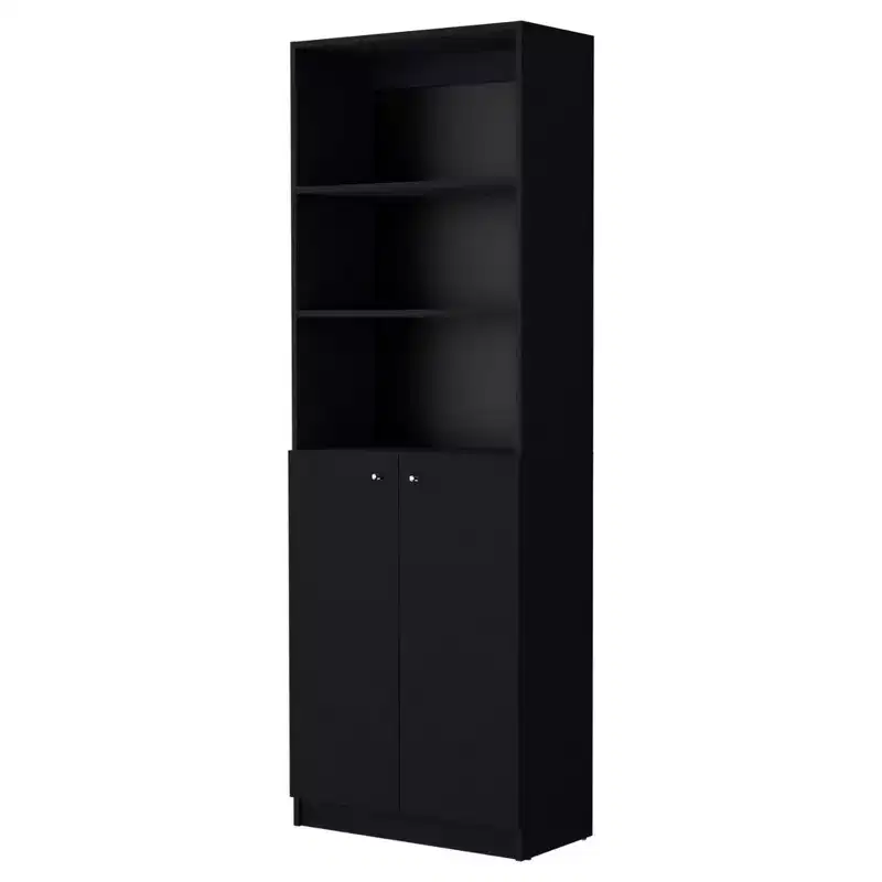 HomeRoots 71 Black Five Tier Bookcase with Two doors