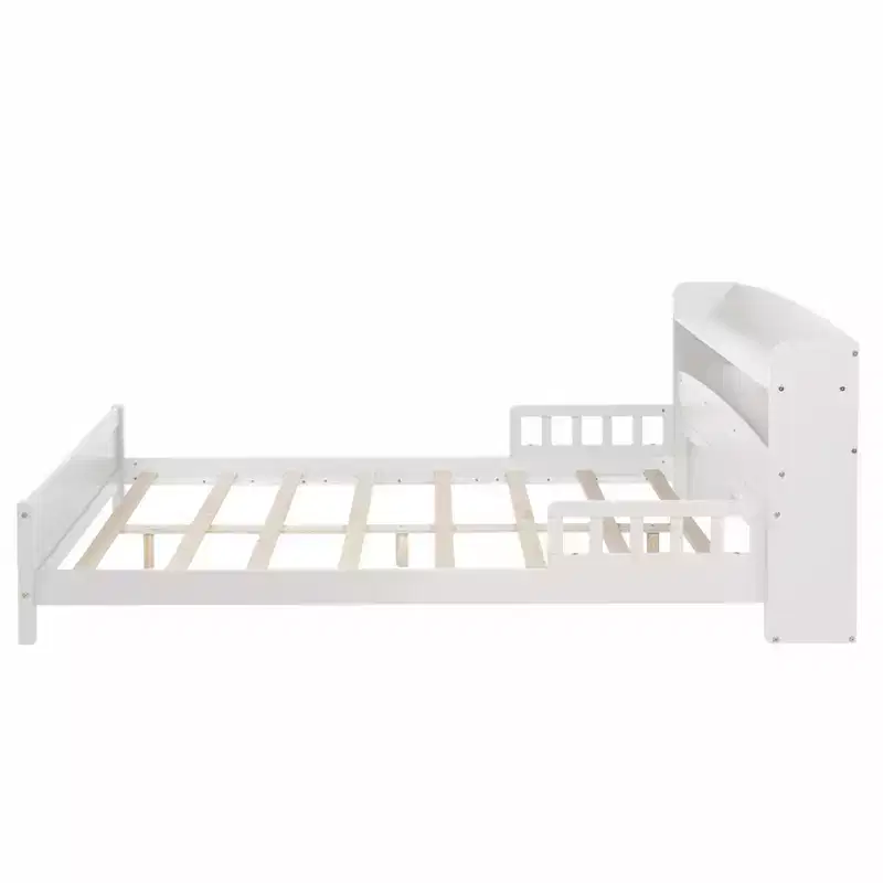 MAYEERTY Full Pine Wood Bed with Bookcase Headboard, Safety Guardrails White