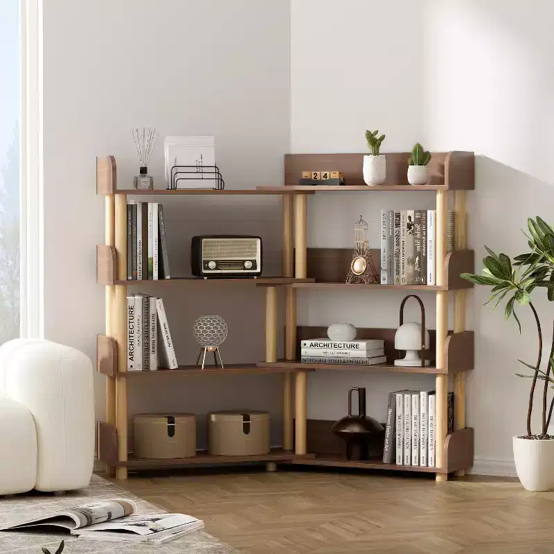 GDFStudio Horace Modern Wooden 4-Tier Retractable and Rotatable Corner Book Shelf