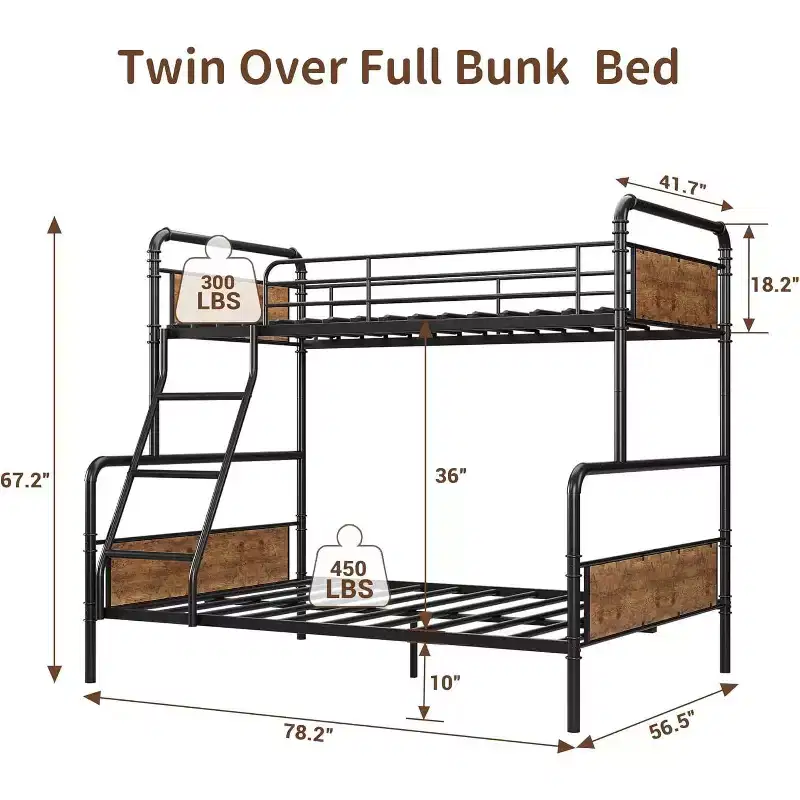 Metal Bunk Bed Twin Over Full Size with Angled Ladder, High Guardrail, Heavy Duty Bunk Bed Frame with Metal Slats, Smooth Rounded Edges,Vintage Brown