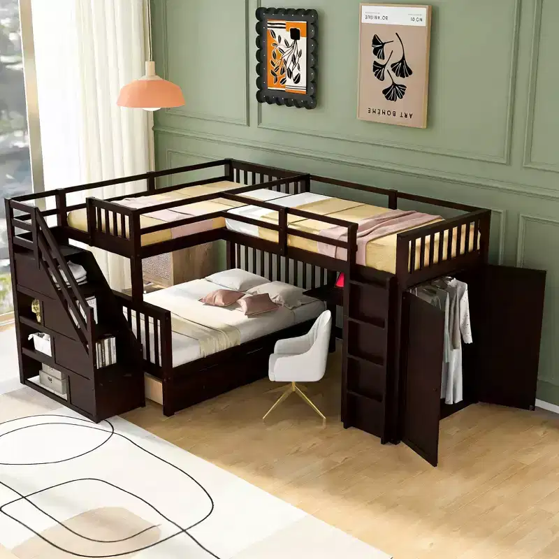 Luxystar Twin Over Twin Over Full L-shaped Bunk Bed With Drawers, Desk, Shelves and Armoire