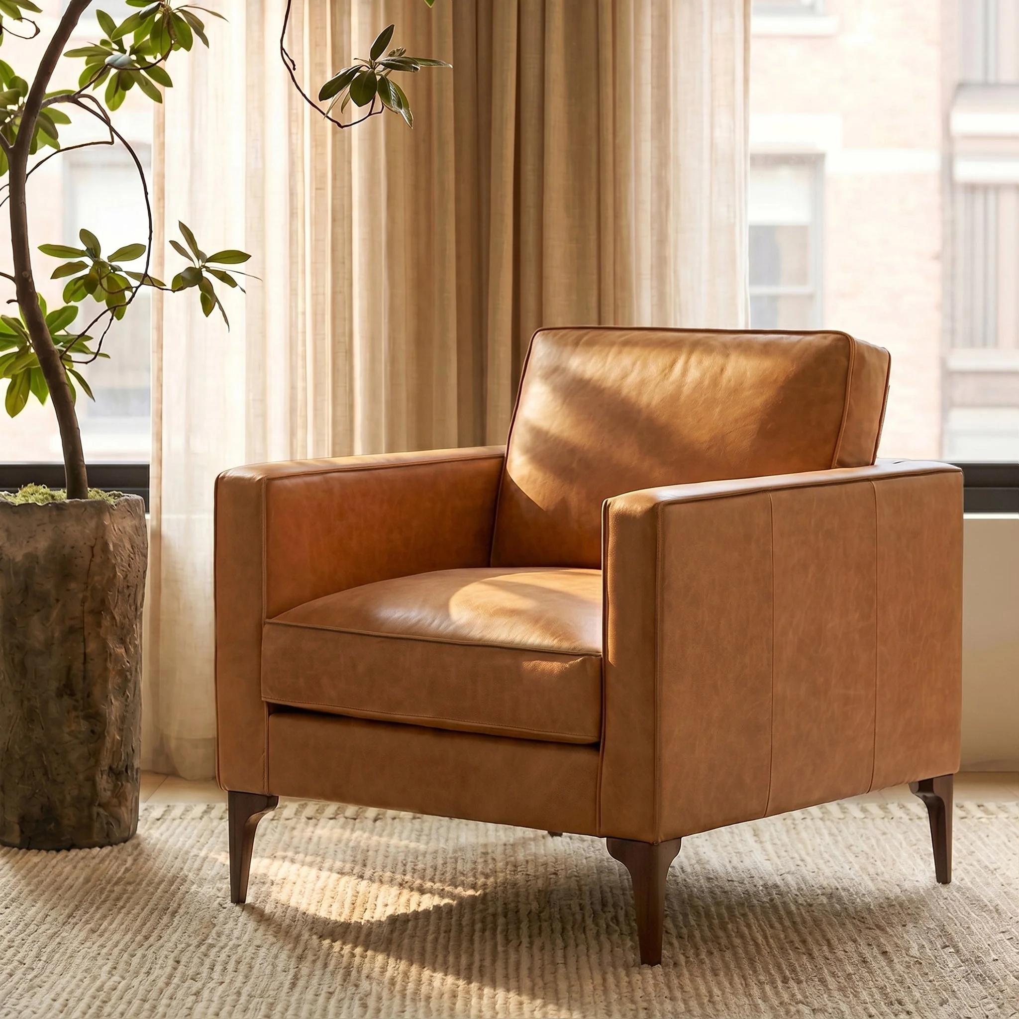 Modern Cognac Tan Leather Lounge Chair with Kiln-Dried Wood Frame