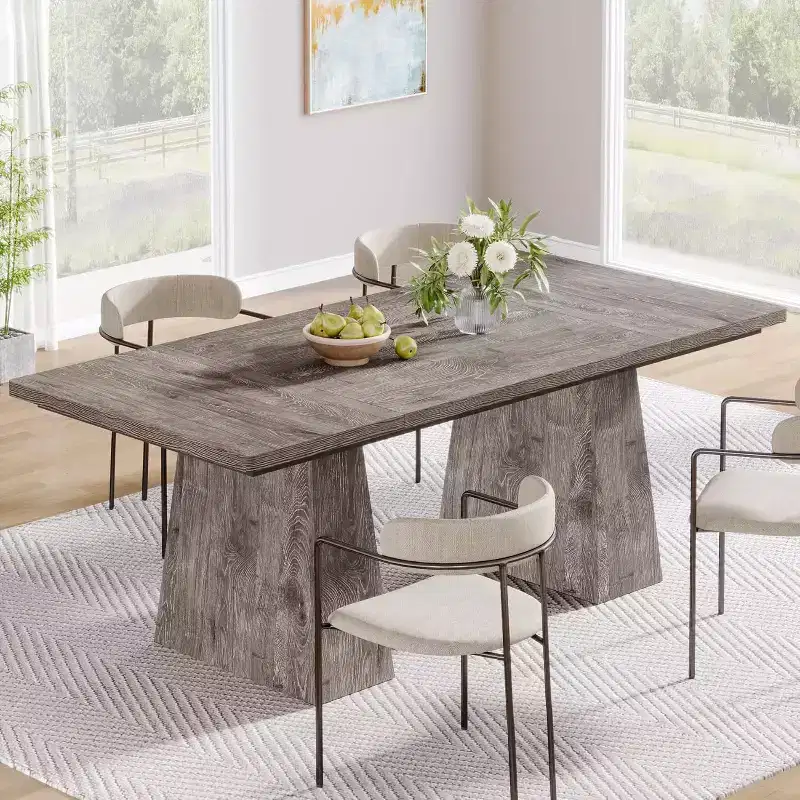 Lantine Dining Table for 6, Farmhouse Wood Rectangular Kitchen Table with Double Pedestal, 63 L x 31.5 W x 30 H, Grey