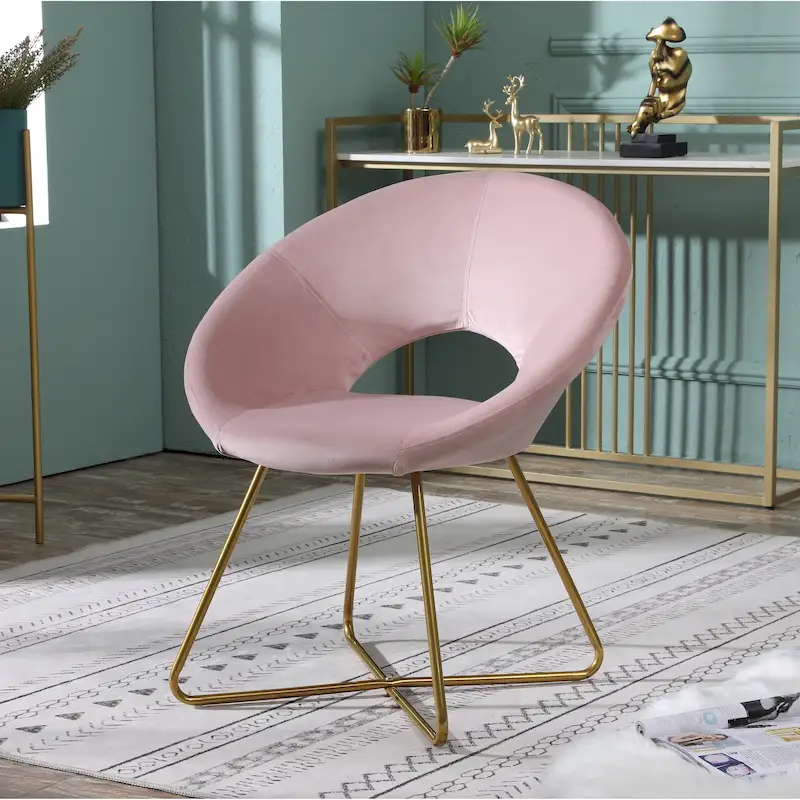 Pink Modern 28 Polyester Upholstered Accent Chair with Gold Tone Finished Base and Metal Sled Legs