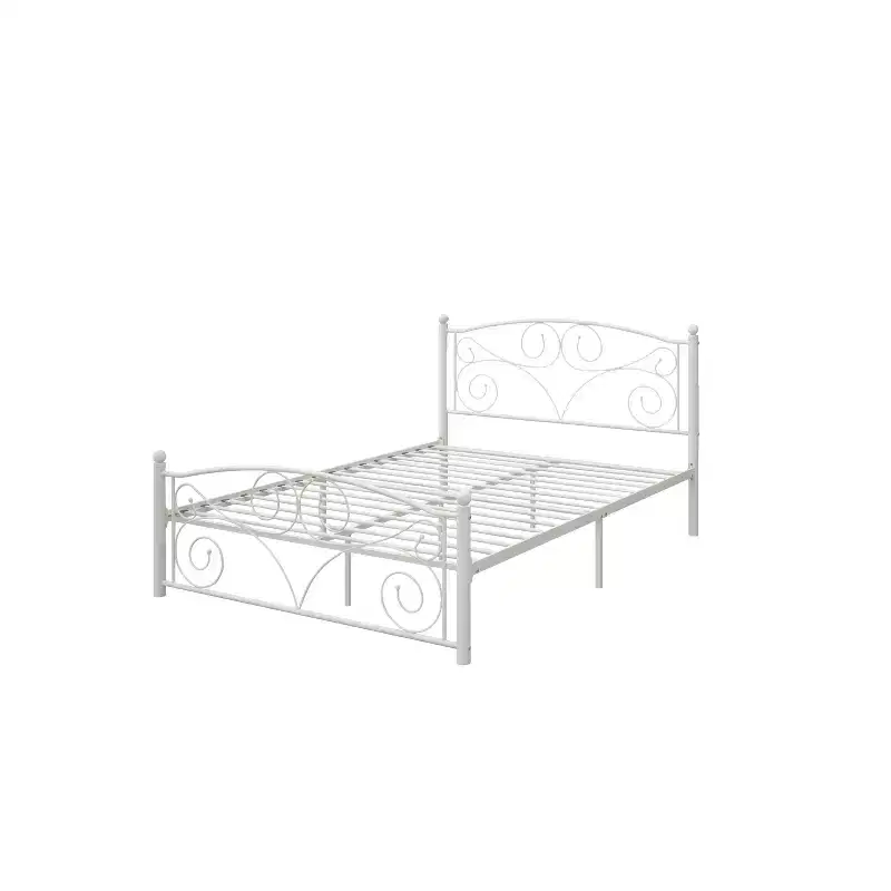 Full Size Metal Platform Bed with Vintage Headboard & End Frame, 600 lb Capacity, No Box Spring Needed