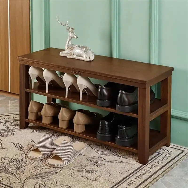 Natural/Brown 2-Tier Wood Shoe Bench for 1–2 Person