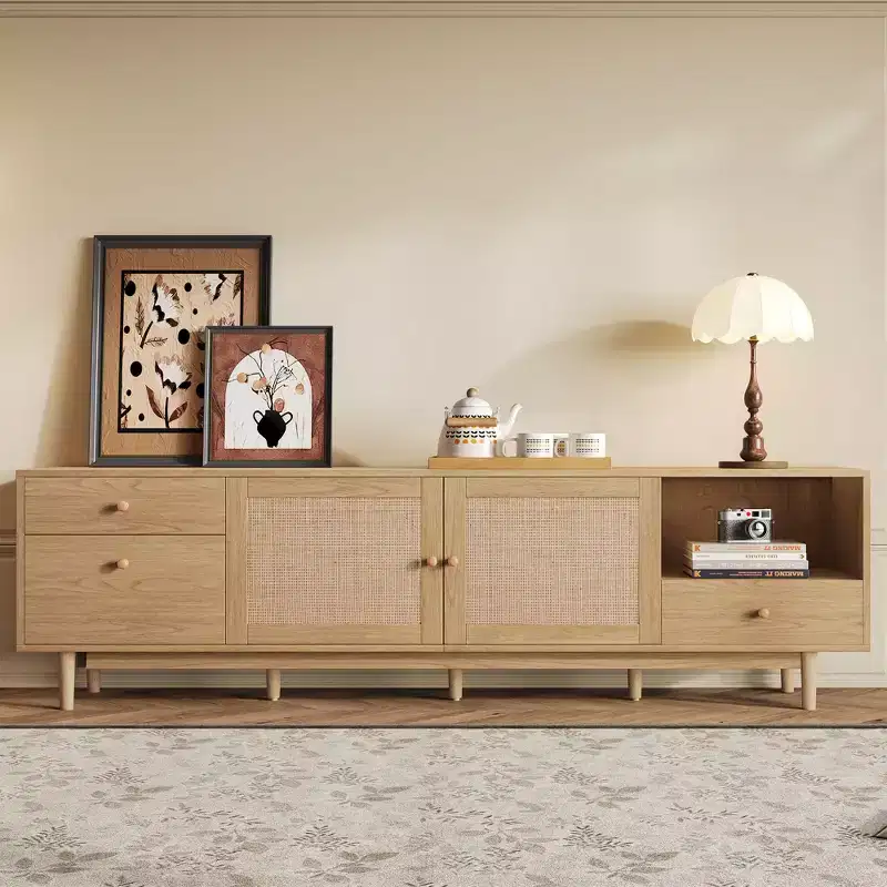 77-inch Mid-Century Modern Natural Rattan TV Console, Suitable for TVs 65 inches and larger, Entertainment Center with Open Storage and Drawers