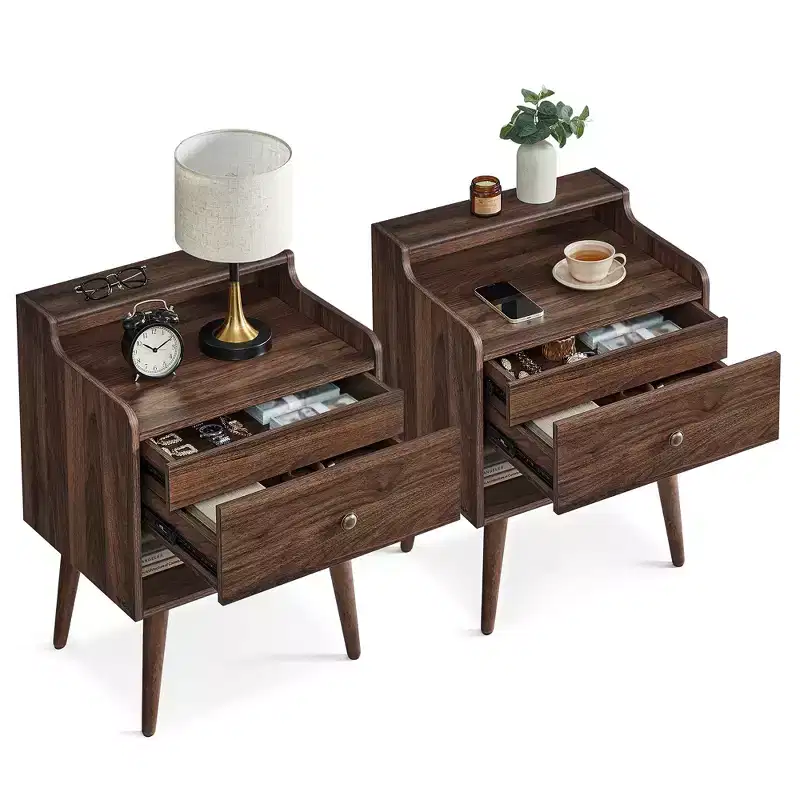 Nightstands, Set of 2, Bedside Tables with Hidden Drawers, Mid-Century End Tables with Solid Wood Legs