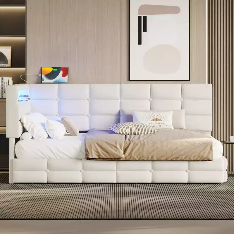 Upholstered Twin Daybed with 2 Storage Drawers, Charging Station, LED Lights and Headboard, Beige