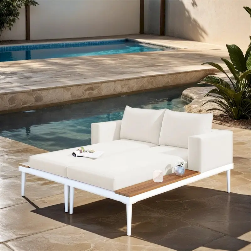 2 in 1 Modern Outdoor Metal Daybed with Wood Topped and Side Spaces
