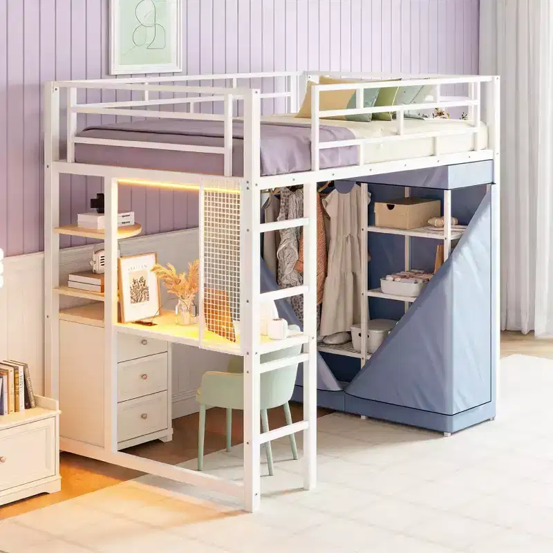 Luxystar Metal Loft Bed with Desk, Shelves, Wardrobe, Power Outlet and LED