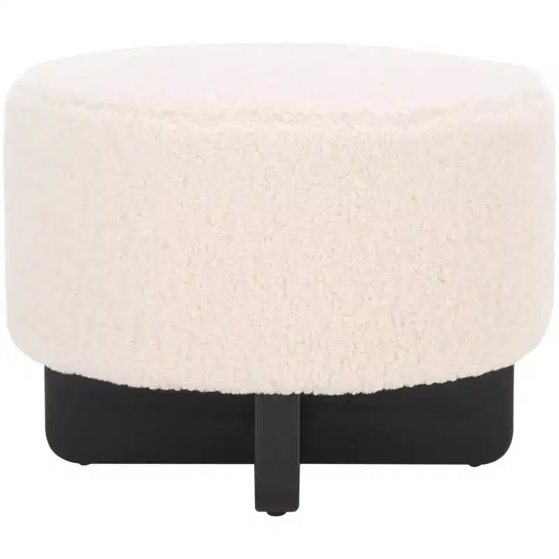 Faux Shearling Round Ottoman with Rubberwood Base