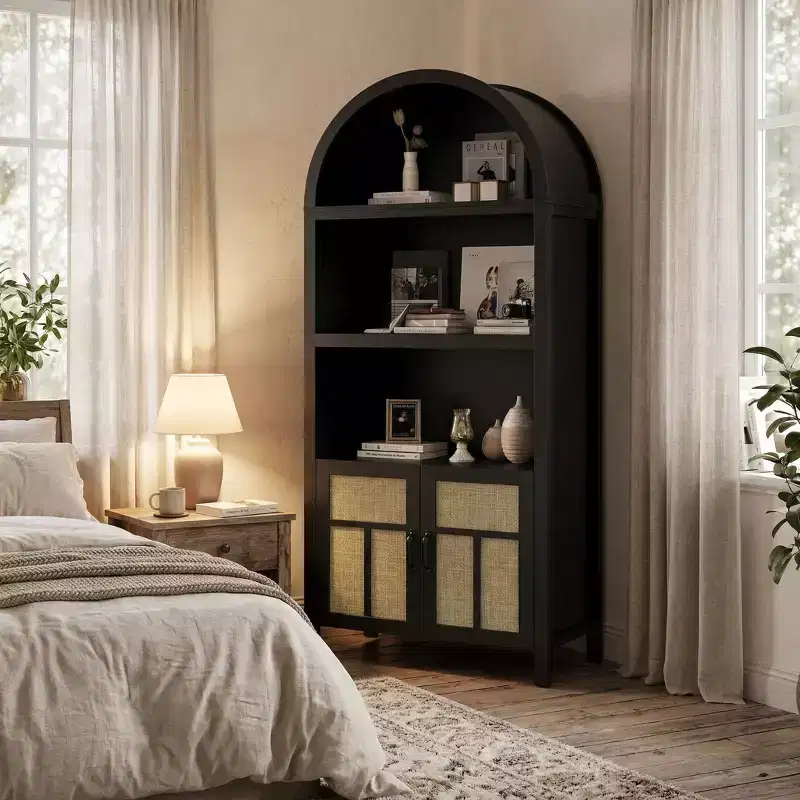 FurnitureR Arched Bookshelf Storage Cabinet with Rattan Doors, Tall Display Shelf Bookcase with Storage for Living Room, Bedroom, Entryway Organizer