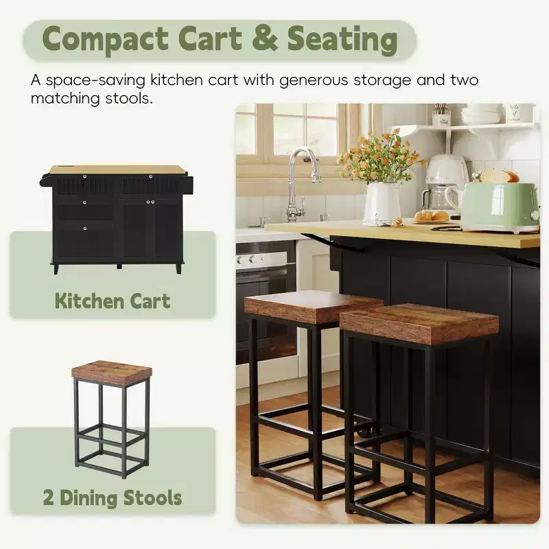 Farmhouse Kitchen Island with Drop Leaf, Drawers, Power Outlet and 2 Seats