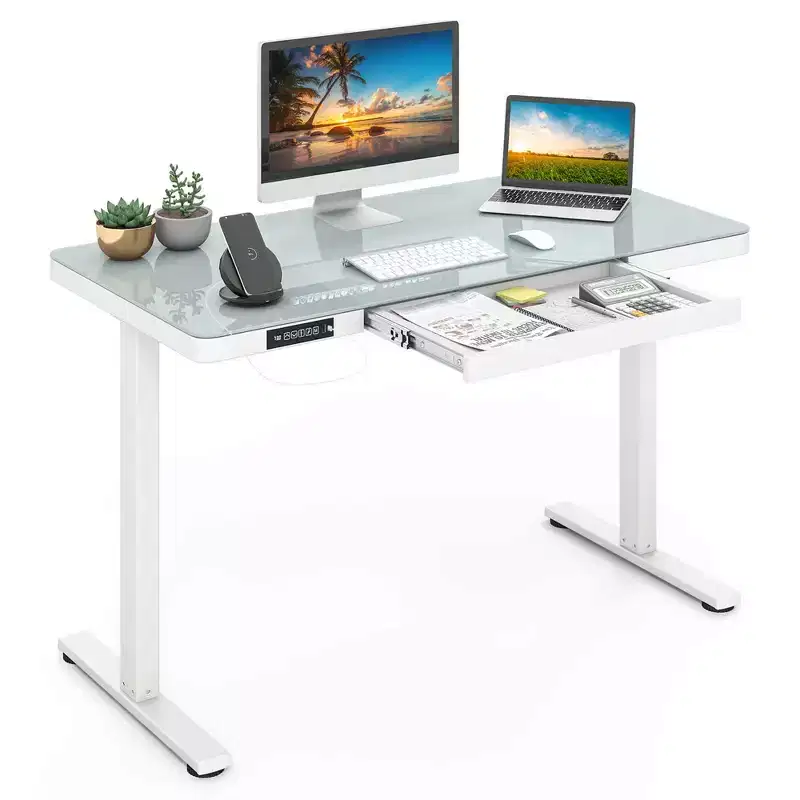 Costway 48 x 24 Whole-Piece Glass Standing Desk w/Drawers Writable Tempered Glass Top Black/White