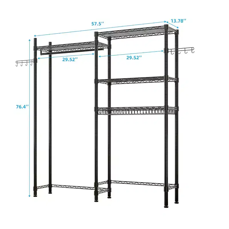 Karl Home Black Iron Open Wardrobe with Double Rows Rails & Mesh Baskets 57.1x13.8x76.8 Inches