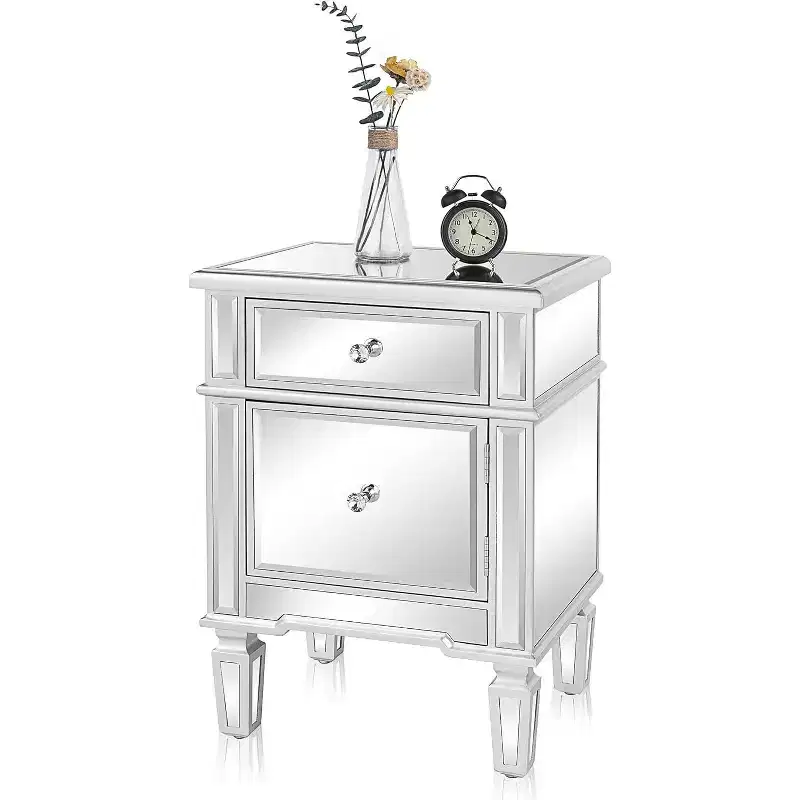 VINGLI Modern Nightstand Mirrored Bedside Table with 1 Drawer and 1 Cabinet Door for Bedroom, Silver