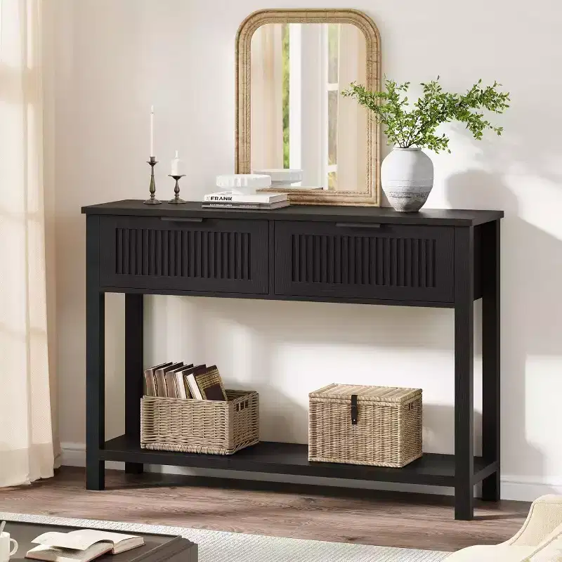 Fluted Console Table with Two Drawers, Entryway Accent Table, Wooden Sofa Table for Living Room, Foyer and Hallway, Storage Display