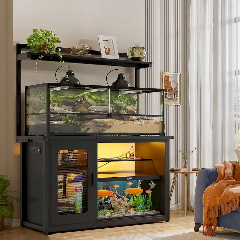 Heavy Duty Aquarium Stand with Reversible Cabinet, 55-75 Gallon Fish Tank Stand with Power Outlets & LED Light